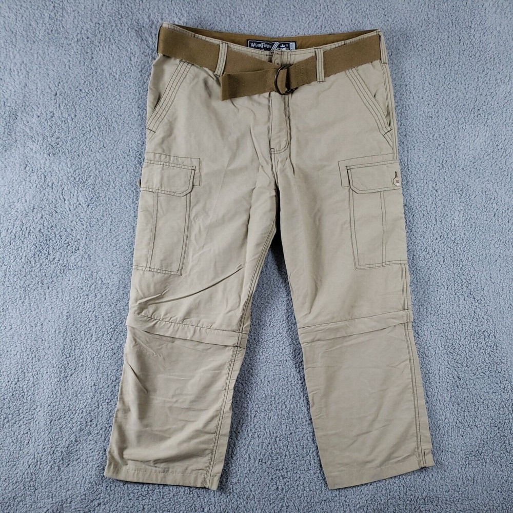 WearFirst Convertible Zip Off Cargo Hiking Pants Men's 39/26 Belted Beige Khaki